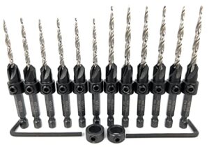 ftg usa countersink drill bit set 6 pc #6 (9/64"), 6 pc #8 (11/64") wood countersink drill bit pro pack countersink set, tapered countersink bit, 2 stop collar, 2 hex wrench
