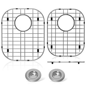 2pack sink protector grid 13"x16"and 11.2"x14.5", 304 stainless steel sink protectors for kitchen sink, rust resistant metal kitchen sink grid with 2pack sink strainers (rear drain/4pack)