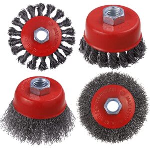 4 pack 3&4 inch carbon steel wire wheel cup brush set, twisted knotted cup brush for angle grinder, 5/8 inch-11 threaded arbor 0.02 inch carbon steel wire wheel for grinder