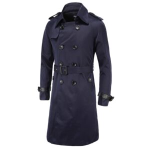 maiyifu-gj men's double breasted trench coat stylish slim fit mid long belted windbreaker lapel military jacket with belt (dark blue,xx-large)