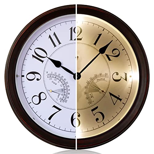 LOMANDA 14 Inch Indoor Outdoor Clock, Large Waterproof Wall Clock with Thermometer Hygrometer, Illuminated by Sound Controlling, Decor for Home, Kitchen, Pool, Patio