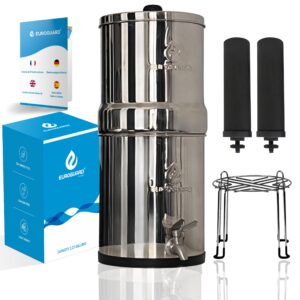 euroguard gravity-fed water filter system (2.25 gallons), reduces lead and up to 99% of chlorine, nsf/ansi 42&372 standard, with 2 black carbon filters, 100% metal spigot, premium series, eug023