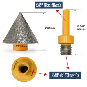 GYTYCATAH Diamond Beveling Chamfer Bits, 48mm Diamond Countersink Drill Bits for Existing Holes Enlarging Shaping Trimming in Tile Marble Granite, 5/8"-11 Thread x 3/8” Hex Shank Adapter (Yellow)