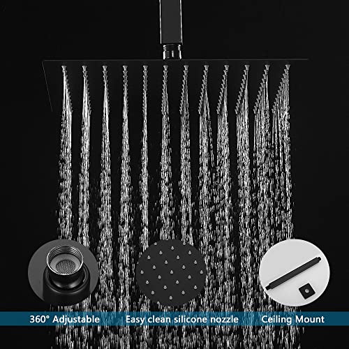 JingGang 12 Inch Ceiling Mount Matte Black Shower System Bathroom Luxury Rain Mixer Shower Combo Set Ceiling Rainfall Shower Head System (Contain Shower Faucet Rough-in Valve Body and Trim)