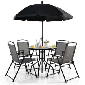 tangkula 6 piece folding patio dining set, outdoor table chair set for 4, 31.5” round table & 4 folding chairs, patio tiltable umbrella included, indoor outdoor table chair set for poolside, balcony