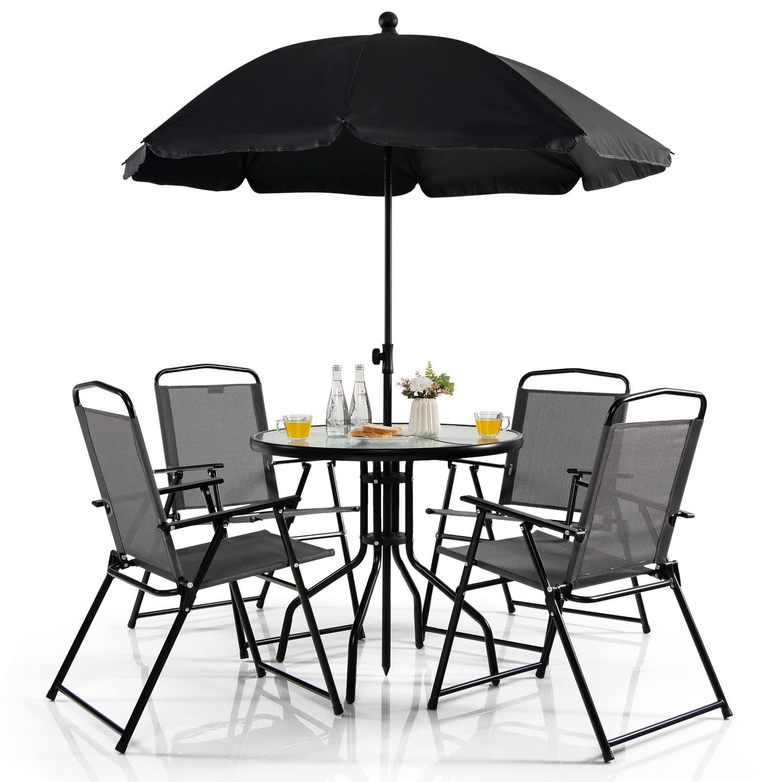 Tangkula 6 Piece Folding Patio Dining Set, Outdoor Table Chair Set for 4, 31.5” Round Table & 4 Folding Chairs, Patio Tiltable Umbrella Included, Indoor Outdoor Table Chair Set for Poolside, Balcony