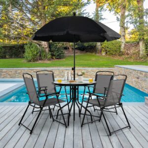 Tangkula 6 Piece Folding Patio Dining Set, Outdoor Table Chair Set for 4, 31.5” Round Table & 4 Folding Chairs, Patio Tiltable Umbrella Included, Indoor Outdoor Table Chair Set for Poolside, Balcony