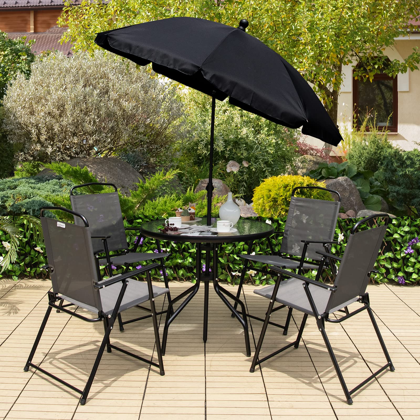 Tangkula 6 Piece Folding Patio Dining Set, Outdoor Table Chair Set for 4, 31.5” Round Table & 4 Folding Chairs, Patio Tiltable Umbrella Included, Indoor Outdoor Table Chair Set for Poolside, Balcony