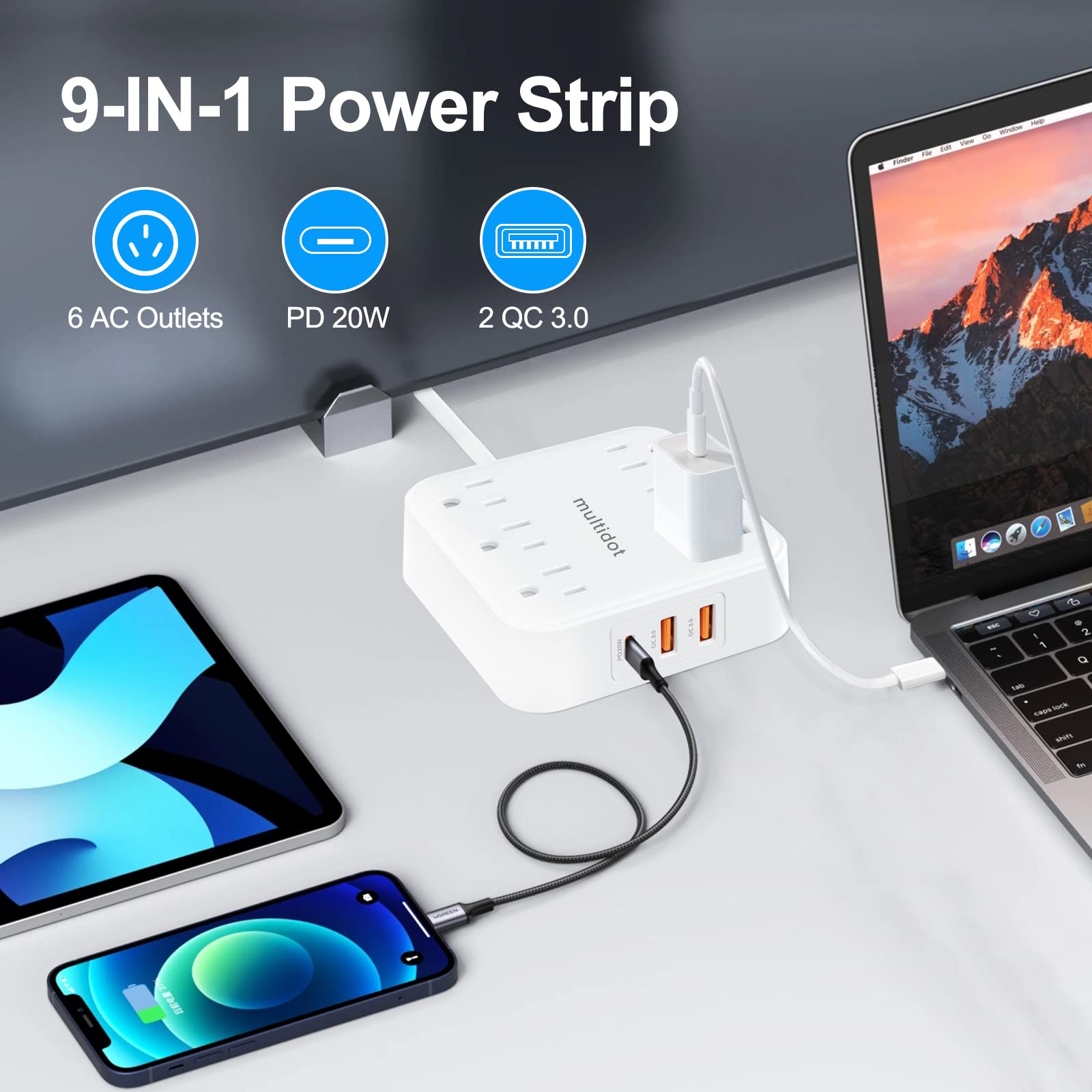 Power Strip with USB Ports - 6 AC Outlets, 2 QC 3.0 Ports & 1 PD20W Port for Charging Multiple Devices at Once