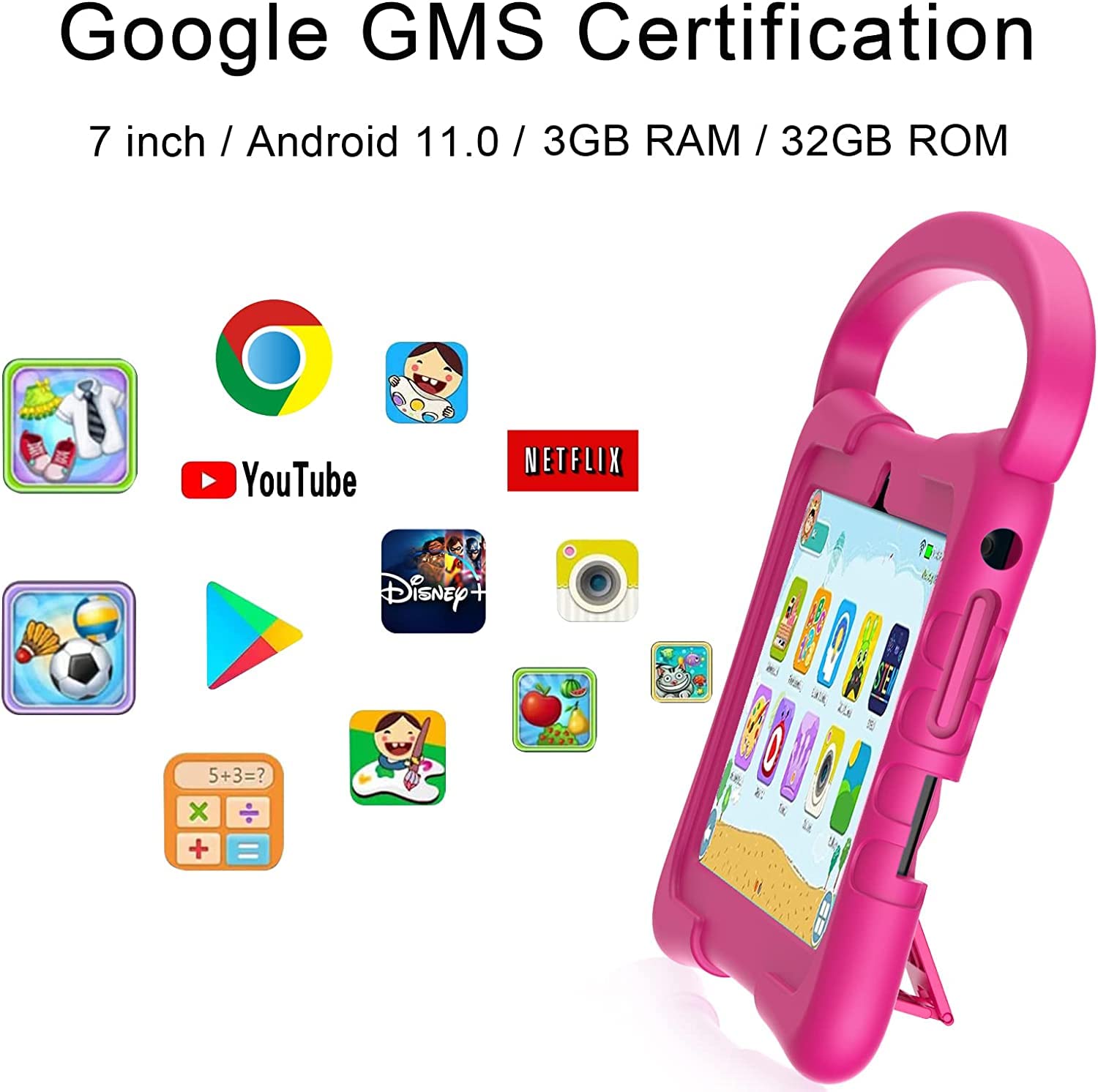 Kids Tablet, 7 inch Tablet for Kids 3GB RAM 32GB ROM Android 11 Toddler Tablet with Bluetooth, WiFi, GMS, Parental Control, HD Dual Camera, Shockproof Case, Google Play, Netflix, YouTube(Pink)