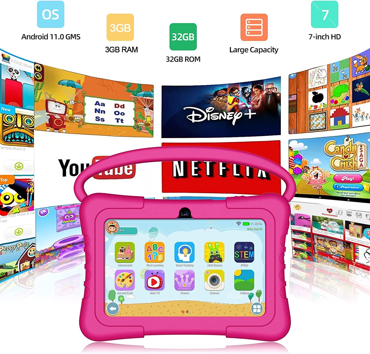Kids Tablet, 7 inch Tablet for Kids 3GB RAM 32GB ROM Android 11 Toddler Tablet with Bluetooth, WiFi, GMS, Parental Control, HD Dual Camera, Shockproof Case, Google Play, Netflix, YouTube(Pink)