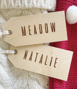 engraved personalized tags, stocking tags personalized, wooden tags with beads, wooden tags with holes, personalized tags for gifts, wooden name tags personalized, party tags, wooden name tags