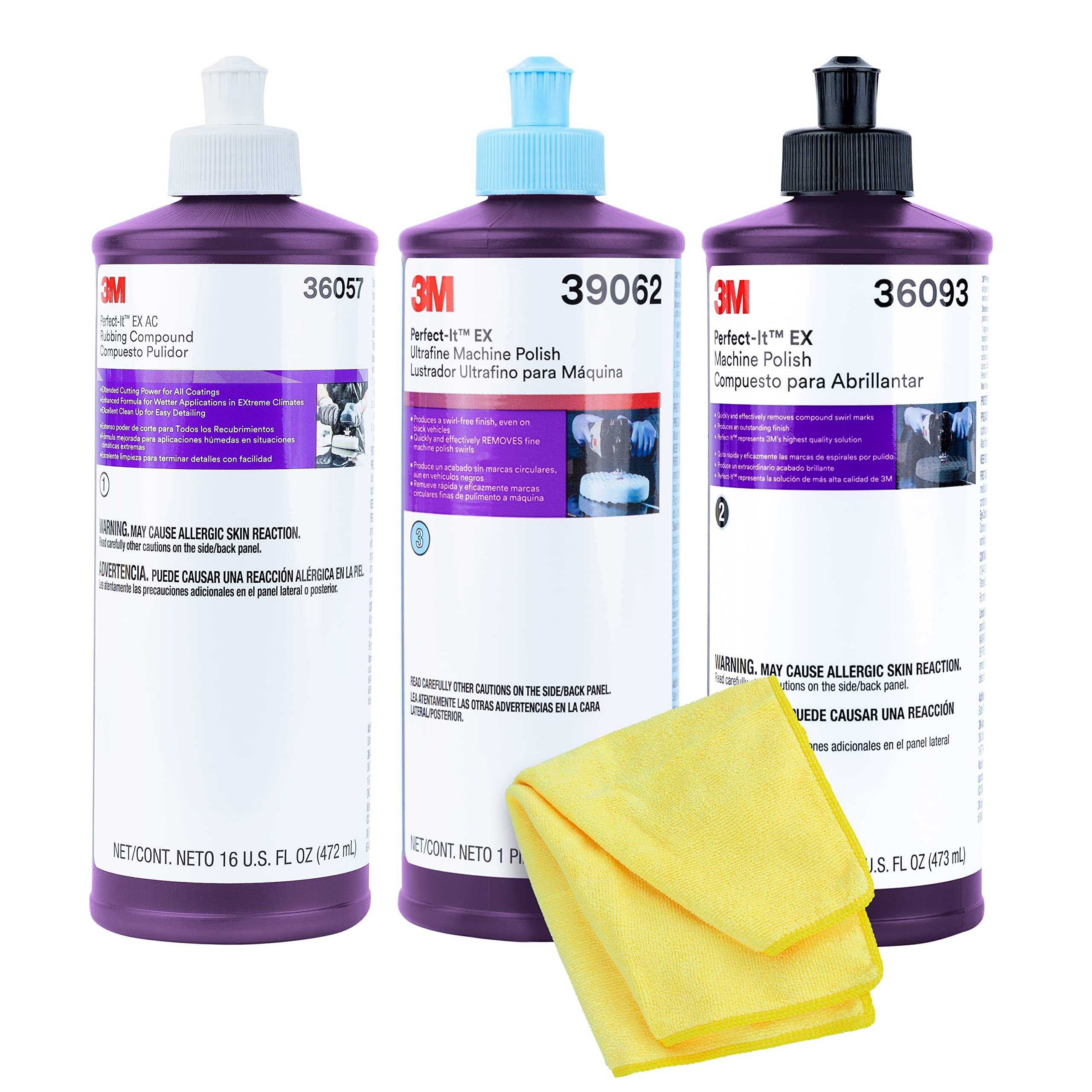 3M Perfect It Buffing and Polishing Kit | 36057 39062 36093 3M Pint Rubbing Compound, Machine Polish, Ultrafine Polish | Buffing Compound, Car Polishing Kit | with Kangaroobands Microfiber Cloth