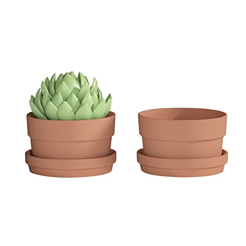 Fcacti 7 Inch Terracotta Shallow Succulent Pot with Saucer/Tray - 2 Pack Large Terra Cotta Clay Pots with Drainage Hole, Round Shallow Terra-Cotta Bonsai Pot for Indoor/Outdoor Plants