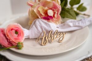 customized wooden name tags for place setting, personalized place cards for weddings, bridal showers and events, cursive laser cut seating cards