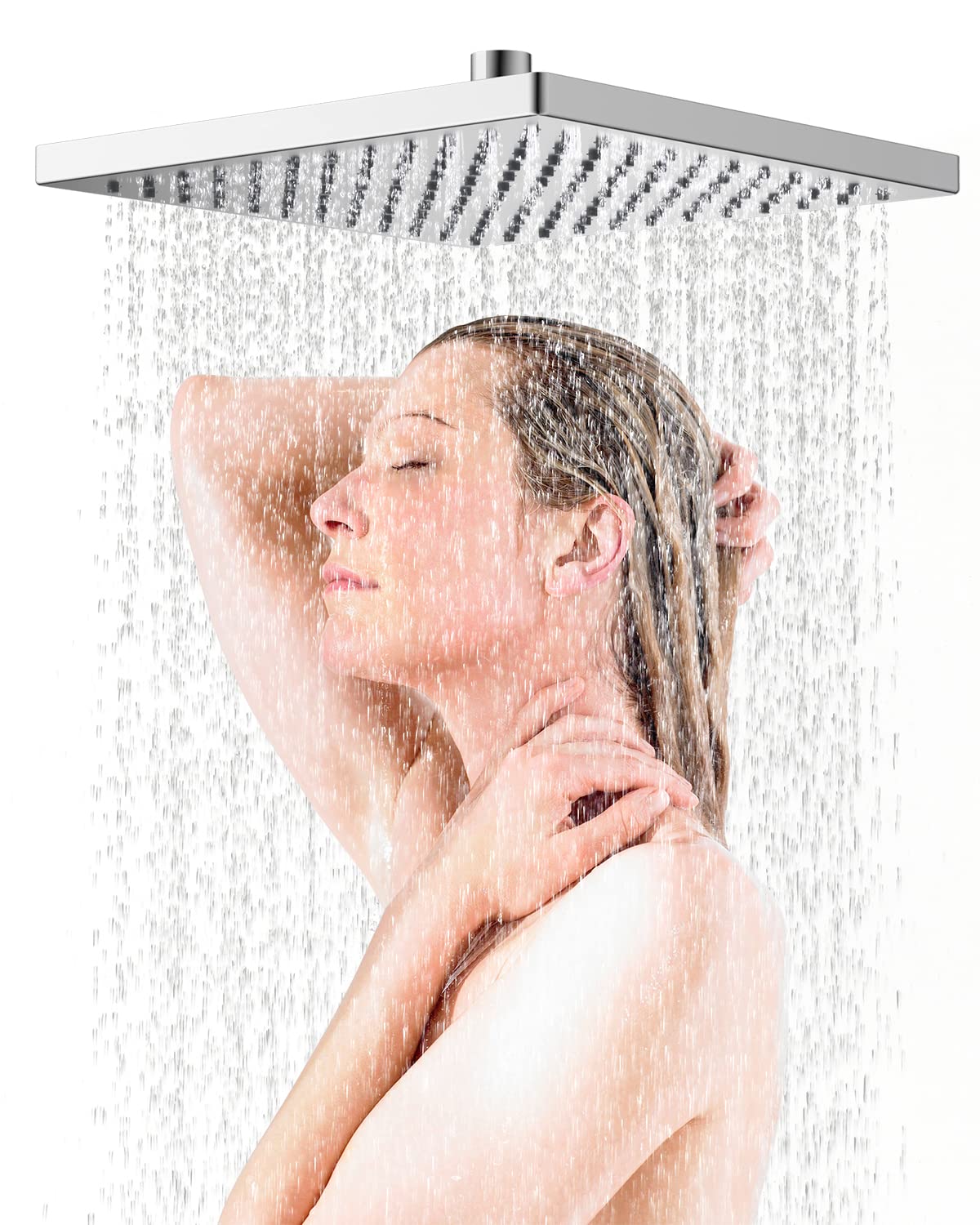 Hibbent Thickness Metal Rain Shower Head, 12 Inch High Pressure Shower Heads, Square Large Bathroom Rainfall Shower Head with Adjustable Brass Ball Joint, Waterfall Full Body Coverage, Chrome