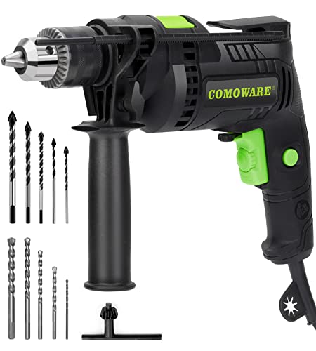 COMOWARE Hammer Drills for Concrete, 1/2 In. Corded Drill, Hammer Drill, Variable Speed 0-3000RPM, Max 48000BPM, Hammer & Drill 2-in-1 Concrete Drill, 6.5 Amp Power Hammer Drills with 10 Masonry Bits