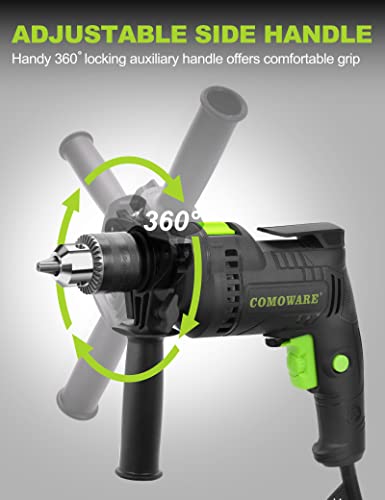 COMOWARE Hammer Drills for Concrete, 1/2 In. Corded Drill, Hammer Drill, Variable Speed 0-3000RPM, Max 48000BPM, Hammer & Drill 2-in-1 Concrete Drill, 6.5 Amp Power Hammer Drills with 10 Masonry Bits