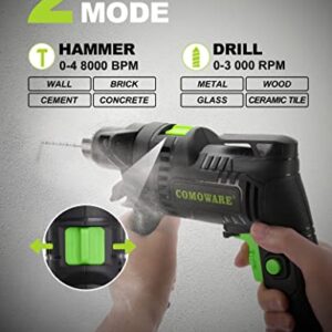 COMOWARE Hammer Drills for Concrete, 1/2 In. Corded Drill, Hammer Drill, Variable Speed 0-3000RPM, Max 48000BPM, Hammer & Drill 2-in-1 Concrete Drill, 6.5 Amp Power Hammer Drills with 10 Masonry Bits