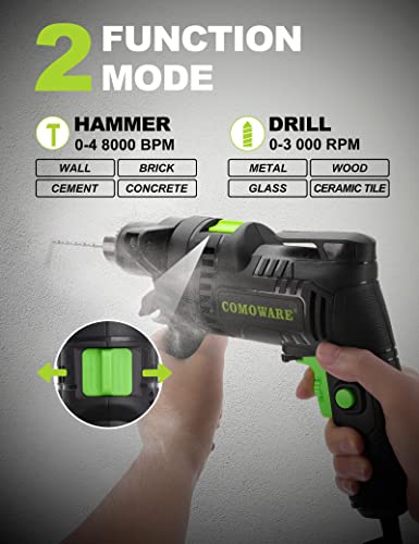 COMOWARE Hammer Drills for Concrete, 1/2 In. Corded Drill, Hammer Drill, Variable Speed 0-3000RPM, Max 48000BPM, Hammer & Drill 2-in-1 Concrete Drill, 6.5 Amp Power Hammer Drills with 10 Masonry Bits