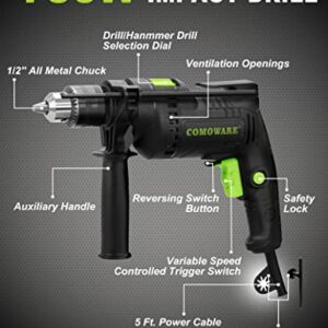 COMOWARE Hammer Drills for Concrete, 1/2 In. Corded Drill, Hammer Drill, Variable Speed 0-3000RPM, Max 48000BPM, Hammer & Drill 2-in-1 Concrete Drill, 6.5 Amp Power Hammer Drills with 10 Masonry Bits