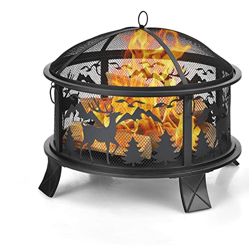 ORALNER Fire Pits for Outside, 26 Inch Round Wood Burning Fire Pit with Spark Screen & Fire Poker, Portable Deep Fire Bowl, Metal Outdoor Fire Pit for Backyard Terrace Patio