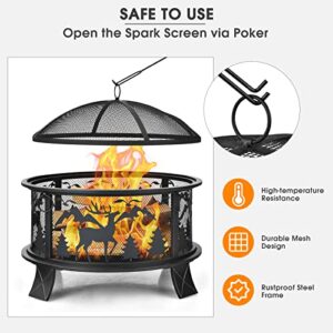 ORALNER Fire Pits for Outside, 26 Inch Round Wood Burning Fire Pit with Spark Screen & Fire Poker, Portable Deep Fire Bowl, Metal Outdoor Fire Pit for Backyard Terrace Patio