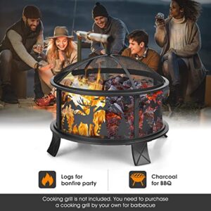 ORALNER Fire Pits for Outside, 26 Inch Round Wood Burning Fire Pit with Spark Screen & Fire Poker, Portable Deep Fire Bowl, Metal Outdoor Fire Pit for Backyard Terrace Patio