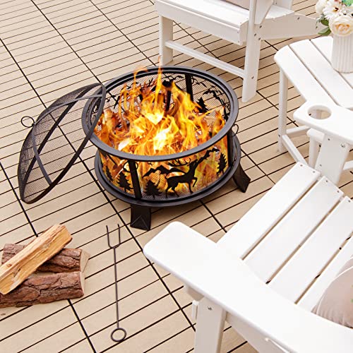 ORALNER Fire Pits for Outside, 26 Inch Round Wood Burning Fire Pit with Spark Screen & Fire Poker, Portable Deep Fire Bowl, Metal Outdoor Fire Pit for Backyard Terrace Patio