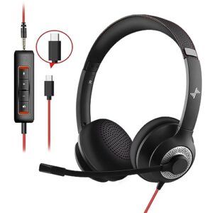 jiamqishi headset with microphone for pc wired headphones - type-c over-ear 3.5mm headsets with noise-cancelling microphone for laptop - computer headphones with mic in-line control for home
