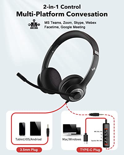 JIAMQISHI Headset with Microphone for PC Wired Headphones - Type-C Over-Ear 3.5mm Headsets with Noise-Cancelling Microphone for Laptop - Computer Headphones with Mic in-line Control for Home