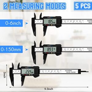 5 Pcs Digital Caliper 0 - 6 Inch Calipers Measuring Tool Electronic Digital Vernier Caliper with Large LCD Screen Shutdown Function, Reset Function, Inch and Millimeter Conversion