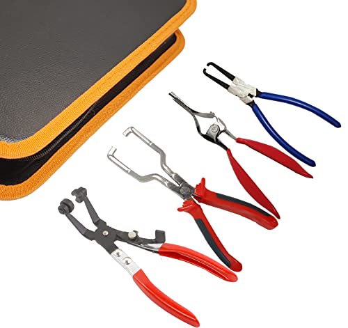 4pcs Hose Clamp Pliers Set,Fuel Line Pliers Set with Case,Hose Removal Plier,Fuel Filter Caliper,Hose Pipe Clamp Plier,Hose Grip Pliers for Automotive Coolant Fuel Oil Water Pipe Repair Tools