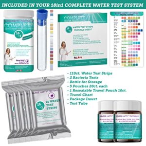 110ct - 18in1 Complete Premium Water Test Kit w 3in1 pH Kit & 2 Bacteria Tests | High-performance Strips Detect 18 Most Common Parameters for Drinking, Aquarium, Pool, Well, Lake & Tap for Home/Travel