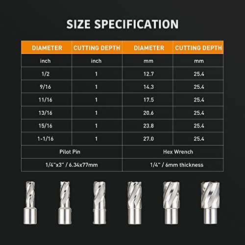 Anfrere 6pcs Annular Cutters Set, M2 Annular Cutter Set for Magnetic Drill Press, Weldon Shank 3/4" 1/2 to 1-1/16 inch and 1 Inch Cutting Depth, HSS Slugger Bits for Mag Drill Press with Pilot Pin