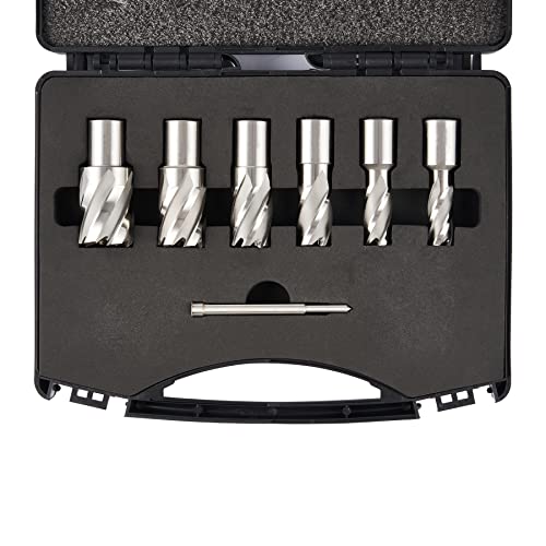 Anfrere 6pcs Annular Cutters Set, M2 Annular Cutter Set for Magnetic Drill Press, Weldon Shank 3/4" 1/2 to 1-1/16 inch and 1 Inch Cutting Depth, HSS Slugger Bits for Mag Drill Press with Pilot Pin