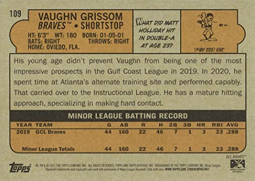 2021 Topps Heritage Minors Baseball #109 Vaughn Grissom Pre-Rookie Card GCL Braves