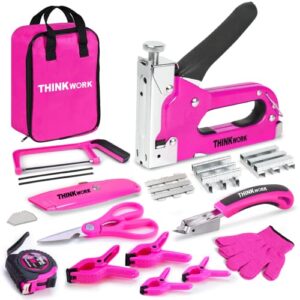 27pc staple gun set, pink staple guns/home use, 3 in 1 upholstery staple gun with 900 staples, stapler gun for wood heavy duty, fabric, crafts, decoration diy, home tool kit christmas gift for women