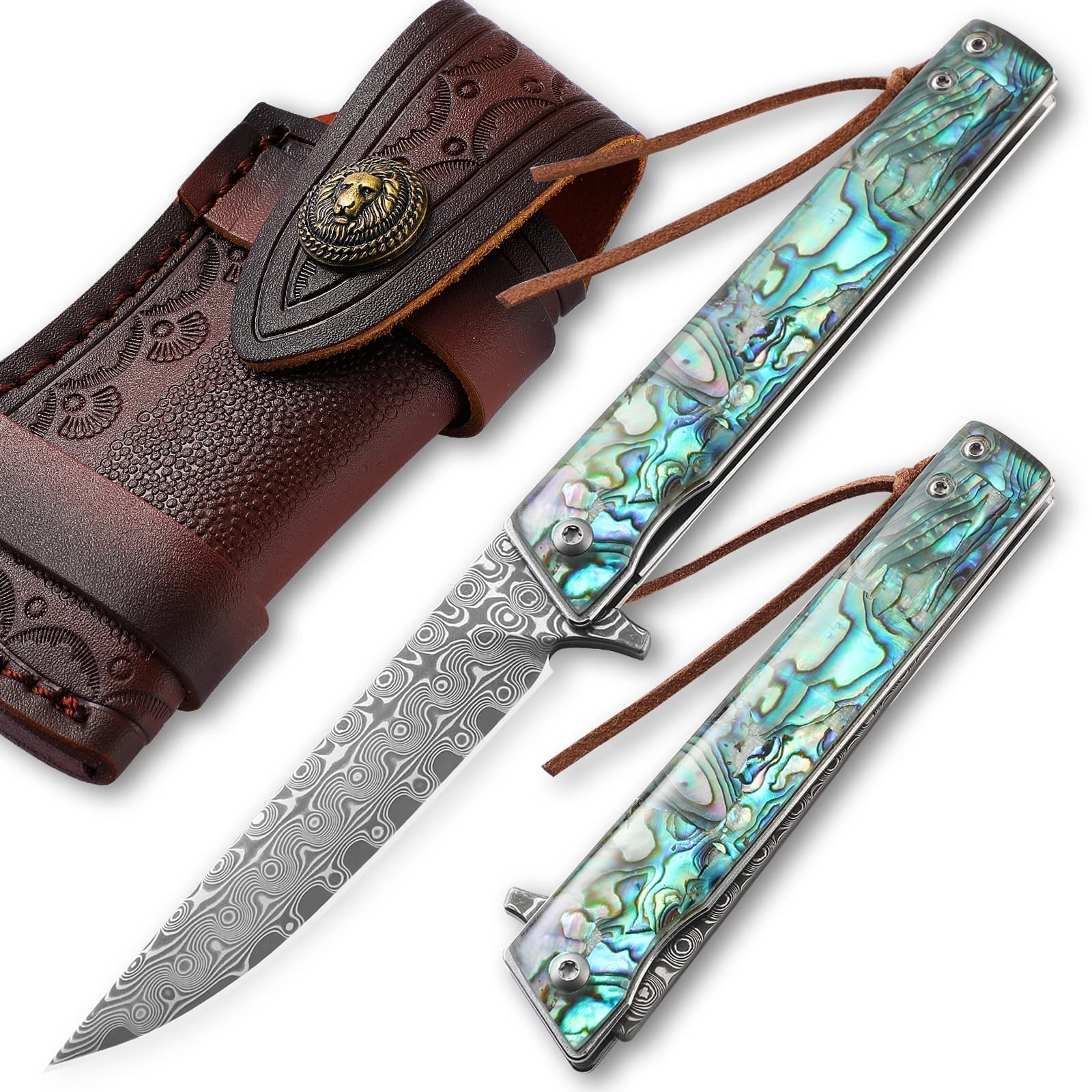 AUGENWEIDE Damascus Steel Pocket Knife, Abalone Handle, Damascus Knife with for Men, Great As Father's Valentine's Day Christmas Day Gift (A-KNIFE WITH SHEATH)