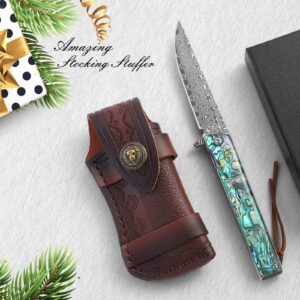 AUGENWEIDE Damascus Steel Pocket Knife, Abalone Handle, Damascus Knife with for Men, Great As Father's Valentine's Day Christmas Day Gift (A-KNIFE WITH SHEATH)