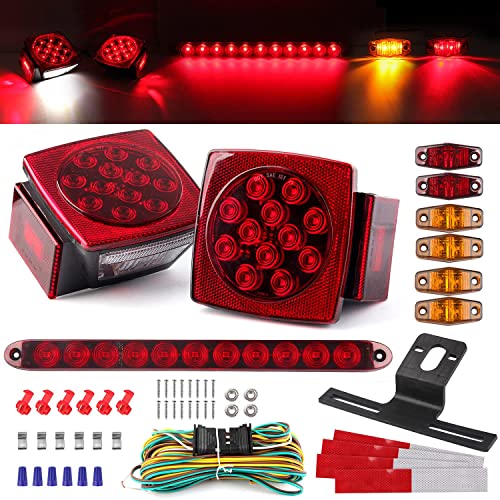 12V Trailer Led Light Kit, 2x Square Led Stop Turn Tail Brake License Plate Running Lights w/ 25ft Wiring Harness/6x Mini Marker Lights/15" 11LED Trailer Tail Brake Light Bar/License Plate Bracket