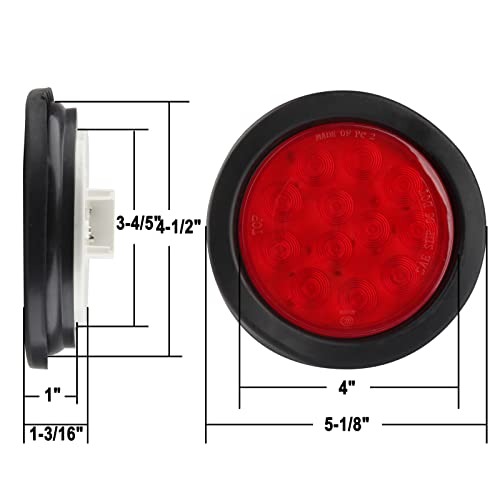 10Pcs 4 Inch Round Led Trailer Tail Lights Red 12 LED Waterproof 4" Round LED Stop Turn Tail Brake Light Marker Trailer Truck RV Lights Sealed Grommet Flush Mount w/3 Prong Wire Pigtails