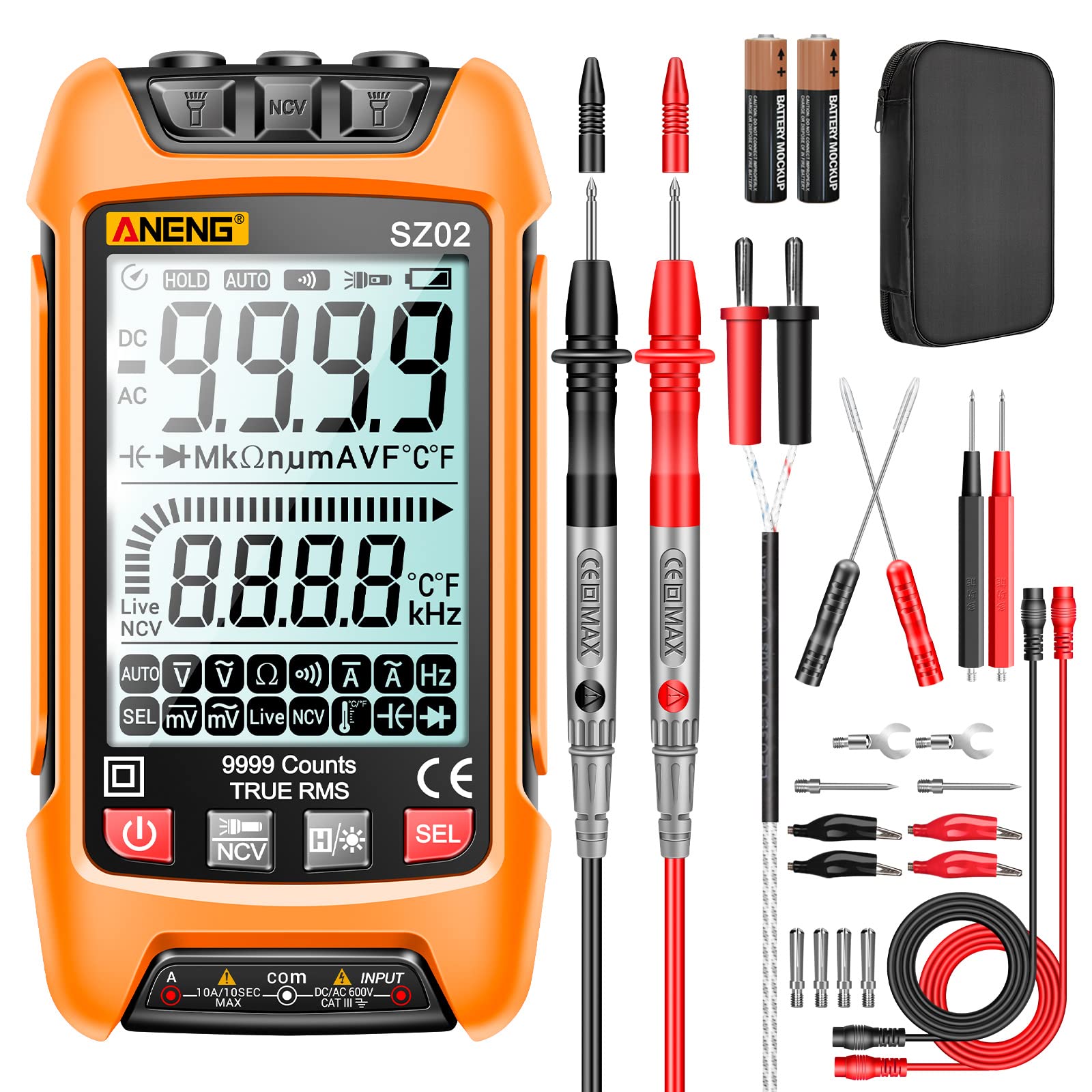 ANENG Digital Multimeter Smart Testers TRMS 9999 Counts Anti-Burning Ohm Amp Volt Meter Measures NCV,AC/DC Current/Voltage,Resistance,Continuity,Capacitance,diodes,Auto-ranging Electrical Tools