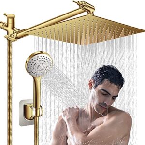 shower head,12'' rain shower head with 11'' adjustable extension arm and 5 settings high pressure handheld shower head combo,powerful shower spray against low pressure water-brushed gold