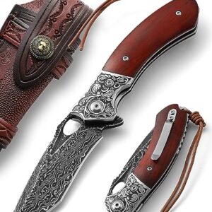 Damascus Pocket Knife for Men, AUGENWEIDE Damascus Steel Pocket Knife with Clip and Sheath, Handmade Real Damascus Steel Folding Knife, Gifts for Father's Day, Valentine's Day A-(KNIFE WITH A LEATHER SHEATH)