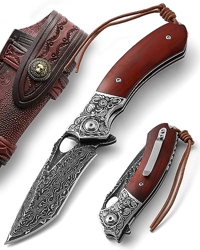 Damascus Pocket Knife for Men, AUGENWEIDE Damascus Steel Pocket Knife with Clip and Sheath, Handmade Real Damascus Steel Folding Knife, Gifts for Father's Day, Valentine's Day A-(KNIFE WITH A LEATHER SHEATH)