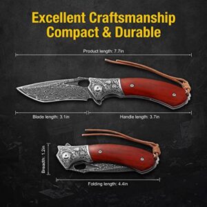 Damascus Pocket Knife for Men, AUGENWEIDE Damascus Steel Pocket Knife with Clip and Sheath, Handmade Real Damascus Steel Folding Knife, Gifts for Father's Day, Valentine's Day A-(KNIFE WITH A LEATHER SHEATH)