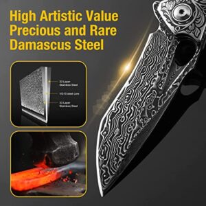 Damascus Pocket Knife for Men, AUGENWEIDE Damascus Steel Pocket Knife with Clip and Sheath, Handmade Real Damascus Steel Folding Knife, Gifts for Father's Day, Valentine's Day A-(KNIFE WITH A LEATHER SHEATH)