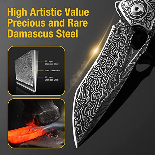 Damascus Pocket Knife for Men, AUGENWEIDE Damascus Steel Pocket Knife with Clip and Sheath, Handmade Real Damascus Steel Folding Knife, Gifts for Father's Day, Valentine's Day A-(KNIFE WITH A LEATHER SHEATH)