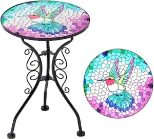 outdoor patio side table, 21" round end table with 14" hummingbird pattern glass top, small accent table bistro coffee for living room porch balcony garden yard